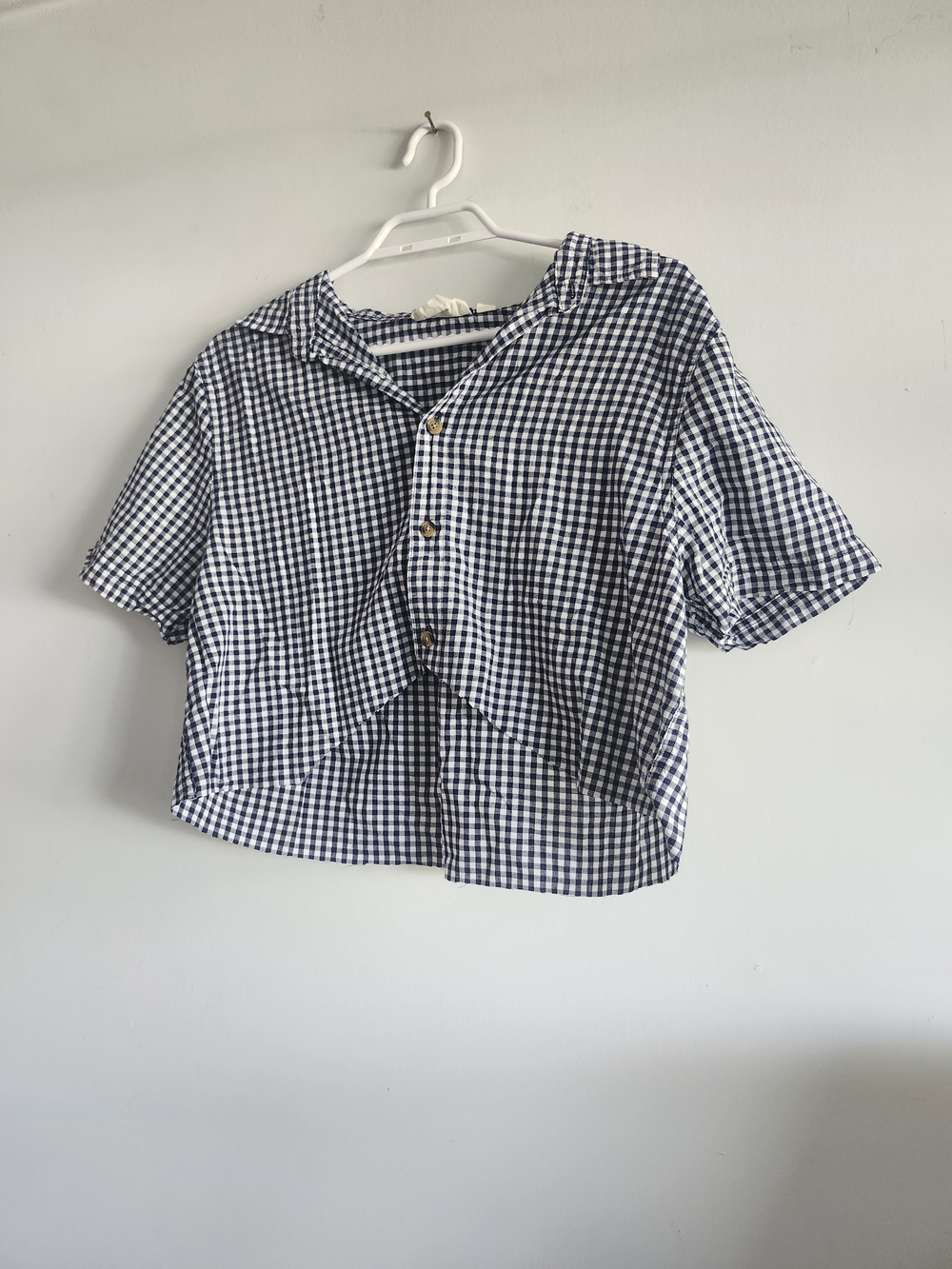 Boyfriend Cropped Checkerboard Button-Down Shirt | 100% Cotton | Size Medium
